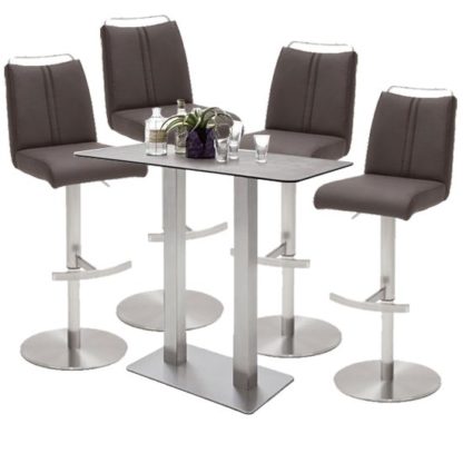 545f0e590ae0b8556d4a93ea54552939a4deef9a42a392dd20e08351bac835c4.jpg An Image of Soho Glass Bar Table With 4 Giulia Brown Stools