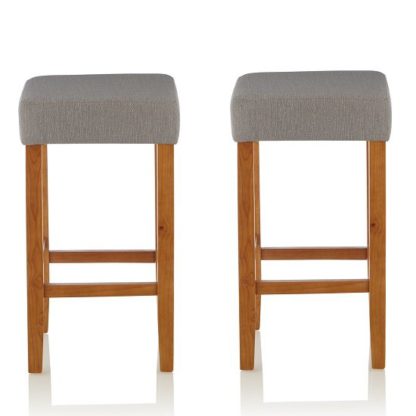 An Image of Newark Bar Stools In Light Grey Fabric And Oak Legs In A Pair
