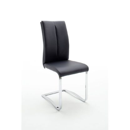 54eeedb3070e46e0469333f0f013518ecb44bfeeeaaf56eeac9a827e31e8af34.jpg An Image of Tavis Metal Swinging Black Faux Leather Dining Chair