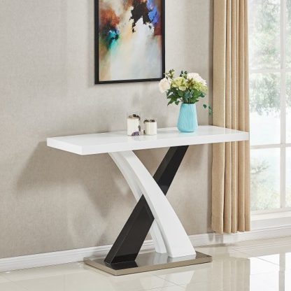 5508c0c9ee07baf28c9fb4e8a63caf656f061c2956a16e4b9ae4c5e273607162.jpg An Image of Axara Console Table Rectangular In White And Black High Gloss