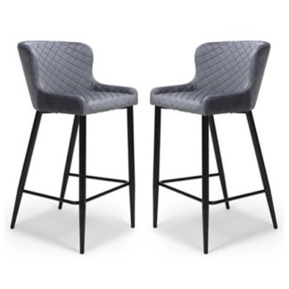 An Image of Malmo Grey Velvet Fabric Bar Stool In Pair With Metal Base