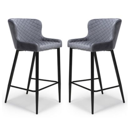 56f46eff749d20c82edfcc4b756342ad1ba074e7a391c87d87e6bf4391196974.jpg An Image of Malmo Grey Velvet Fabric Bar Stool In Pair With Metal Base