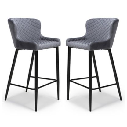 An Image of Malmo Grey Velvet Fabric Bar Stool In Pair With Metal Base