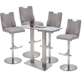 An Image of Soho Glass Bar Table With 4 Jiulia Ice Grey Leather Stools