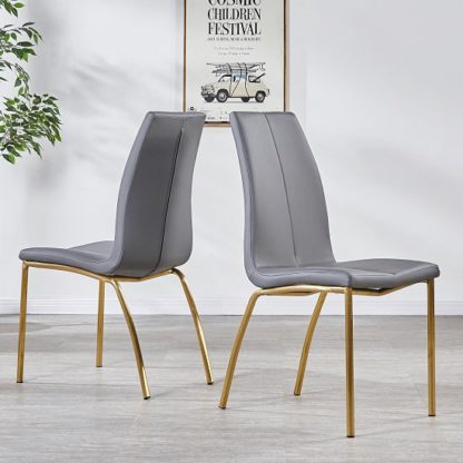An Image of Opal Dining Chair In Grey Faux Leather With Brushed Gold Base