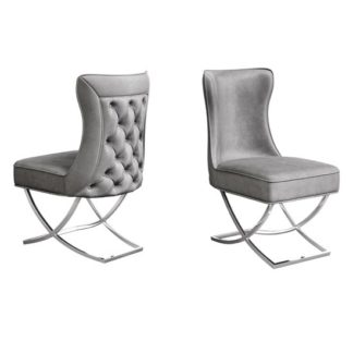 An Image of Maria Silver Grey Velvet Fabric Dining Chairs In Pair
