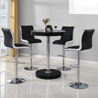 58272eda552805e6ba9b55eeaac94a7d883fae9489d14df6cdbba4d9e6a3fd4f.jpg An Image of Havana Bar Table In Black With 4 Ritz Black And White Bar Stools