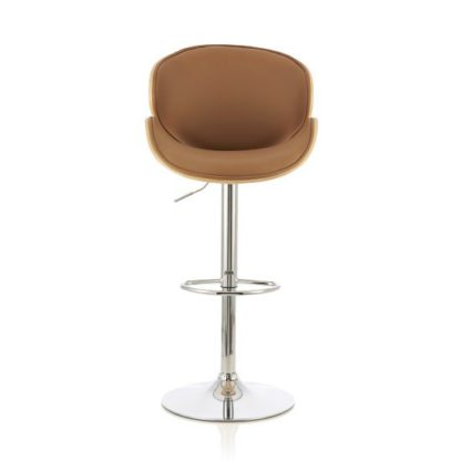 An Image of Oliver Bar Stool In Oak And Beige PU With Chrome Base