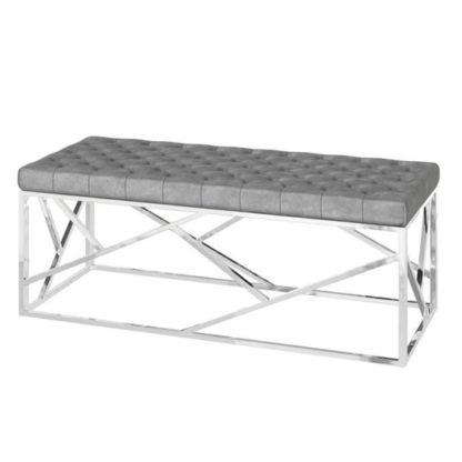 An Image of Kieta Velvet Fabric Upholstered Dining Bench In Silver Grey