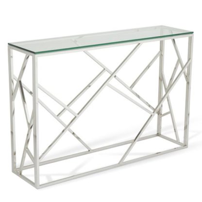 5a36f9c330ccea3133bf7dc12b015fea7a69627701e97ff88762cb4c6b0d1c96.jpg An Image of Betty Glass Console Table With Polished Stainless Steel Base