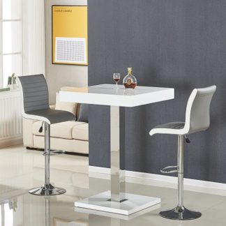 An Image of Topaz Bar Table In White Gloss With 2 Ritz Grey White Stools