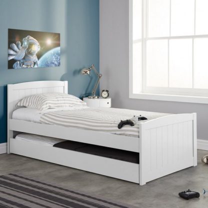 5b7933f58fb6fdd7dad391760372bc5bff55005592b497296898c5201ebc6f34.jpg An Image of Barnese Wooden Single Bed In White With Pull Out Trundle