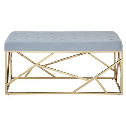 An Image of Alluras Powder Grey Velvet Button Tufted Bench With Gold Base