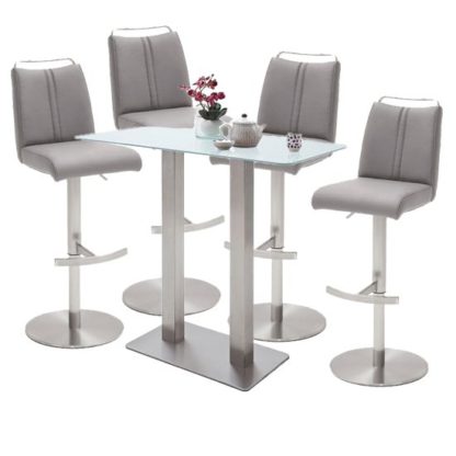 An Image of Soho White Glass Bar Table With 4 Giulia Ice Grey Stools