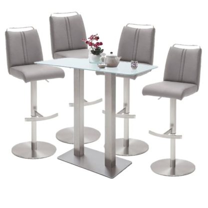 5cd02ff7f0679f66663dc3ab780e9e55ada38c213e3d2296cc5a4e00a2938024.jpg An Image of Soho White Glass Bar Table With 4 Giulia Ice Grey Stools