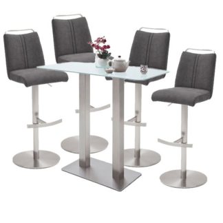 An Image of Soho White Glass Bar Table With 4 Giulia Fabric Anthracite Stool