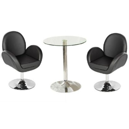 5ebc8484d5cb52d366d3c69336d4ee35d05d1875f1fc8fa90d462b982bf3b416.jpg An Image of Vetro Bistro Table In Clear Glass Top With 2 Ego Black Bar Stool