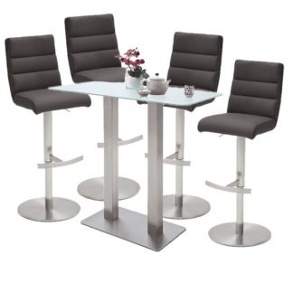 An Image of Soho Glass Bar Table With 4 Hiulia Anthracite Leather Stools