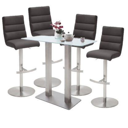 5eded66f99a4bb31618b642cf13a74f1ef6236c0a8dc8b5e412172b0cd51bf6e.jpg An Image of Soho Glass Bar Table With 4 Hiulia Anthracite Leather Stools