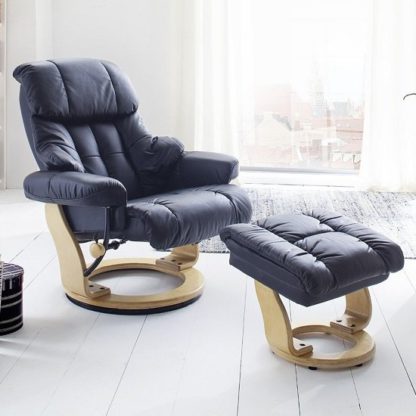 5eebb164aa571051cb3d94fc7bb8c97e3faecd153c3e702891b8f9d710042612.jpg An Image of Calgary Relaxing Chair In Black Leather And Oak With Foot Stool
