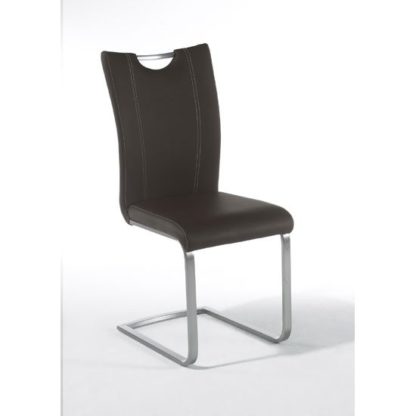 5f333697837ee27e301f99ddfc7ed45a57de012e452c077553bb4c83a0c4f4ca.jpg An Image of Pavo Swinging Brown Faux Leather Dining Chair With Handle Hole