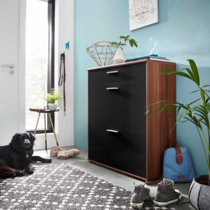 5f453eaa3c3fe64e7247f832c58d718c459ccb7b6c9e506db5c413cc99fb555d.jpg An Image of Big Foot Shoe Cabinet In Walnut With Black High Gloss Fronts