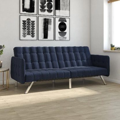 An Image of Emily Leather Convertible Clic Clac Sofa bed In Navy Linen Blue