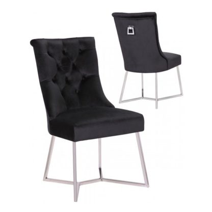 An Image of Bari Black Velvet Dining Chairs In Pair