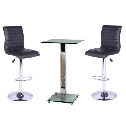 An Image of Spice Bar Table In Clear Glass With 2 Black Ripple Bar Stools