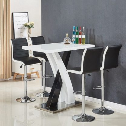 An Image of Axara Bar Table In White Black Gloss With 4 Ritz Black Stools