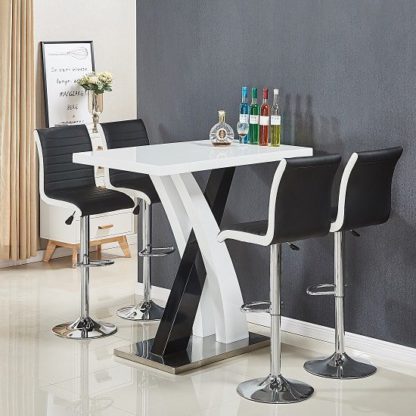 61851ef1ed05baf82392f3d39b7624d106943fd6e60fd9fd894892840c683dce.jpg An Image of Axara Bar Table In White Black Gloss With 4 Ritz Black Stools