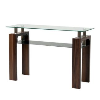 An Image of Tetro Glass Console Table Rectangular In Clear With Walnut Legs