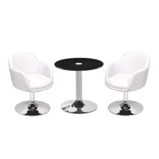 An Image of Belize Glass Bistro Table In Black And 2 White Bucketeer Chairs