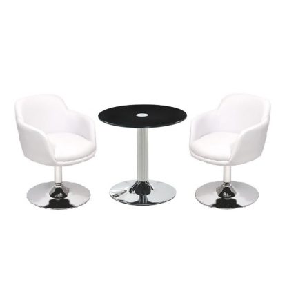 An Image of Belize Glass Bistro Table In Black And 2 White Bucketeer Chairs