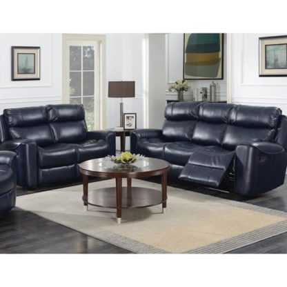 An Image of Mebsuta Leather 3 Seater Sofa And 2 Seater Sofa Suite In Navy