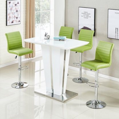 An Image of Memphis Glass Bar Table Gloss White 4 Ripple Lime Green Stools