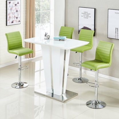 6599ac92ac7790831601ecf316d7a99c2fb17cf6a7ecbd5d70ea0f44d117c120.jpg An Image of Memphis Glass Bar Table Gloss White 4 Ripple Lime Green Stools