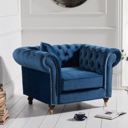 An Image of Holbrook Chesterfield Sofa Chair In Blue Velvet