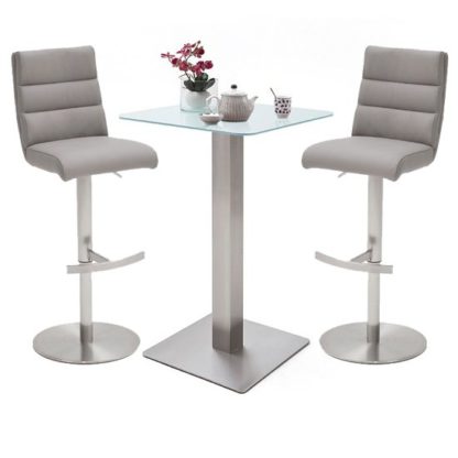 An Image of Soho White Glass Bar Table With 2 Hiulia Ice Grey Stools