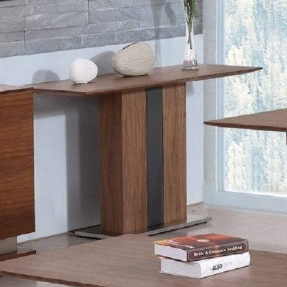 668dd993f434fb941f12eb704240b2e75cdf70ddce6b995fdf74a0791426631a.jpg An Image of Angelo Console Table Rectangular In Walnut And Grey PU