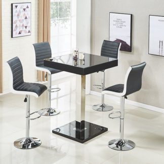 An Image of Topaz Glass Top Bar Table In Black High Gloss With 4 Ritz Stools