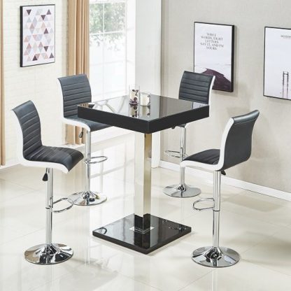 An Image of Topaz Glass Top Bar Table In Black High Gloss With 4 Ritz Stools