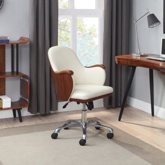An Image of Terrence Faux Leather Office Chair In Cream And Walnut Finish