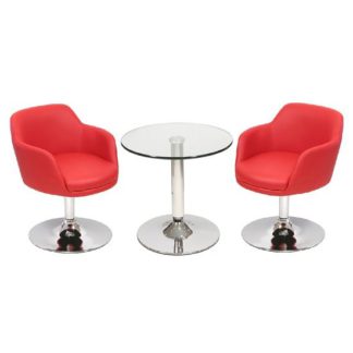 An Image of Belize Bistro Table In Clear Glass With 2 Red Bucketeer Chairs