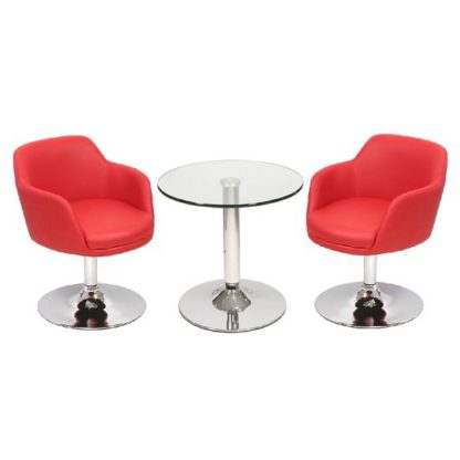 6744d2607d82973e6ee4f8f894954a7b50f4649d559d241500c69e384d1893f9.jpg An Image of Belize Bistro Table In Clear Glass With 2 Red Bucketeer Chairs