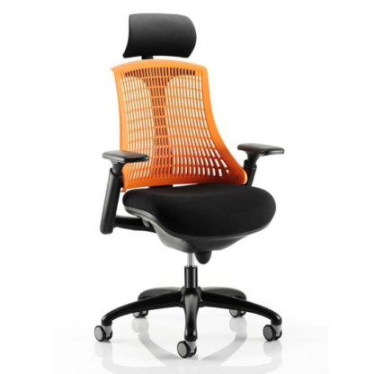 6786db9d817435091e9a877e104c40d1688aacf584eb0f0581055fcfd4b401ed.jpg An Image of Flex Task Headrest Office Chair In Black Frame With Orange Back