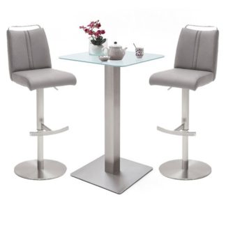 An Image of Soho White Glass Bar Table With 2 Giulia Ice Grey Stools
