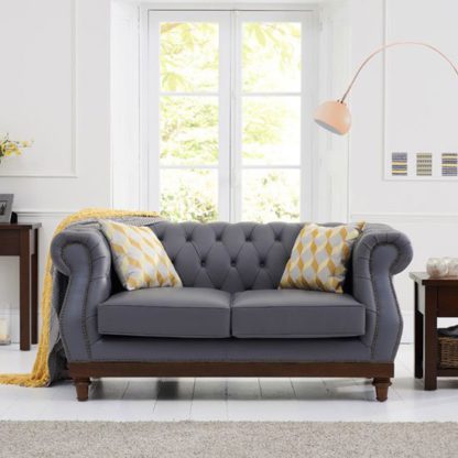 An Image of Ruskin 2 Seater Sofa In Grey Leather With Dark Ash Legs