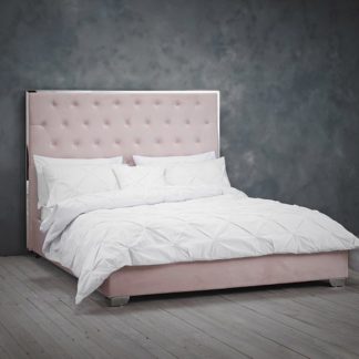 An Image of Meribel Velvet Upholstered Double Bed In Pink