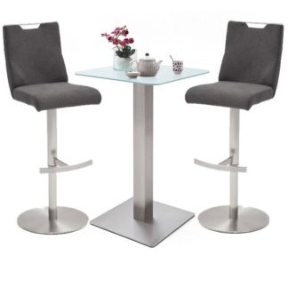 An Image of Soho White Glass Bar Table With 2 Jiulia Fabric Anthracite Stool